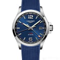Longines Longines Conquest V.H.P. GMT L3.728.4.96.9  L37284969 кварцевые мужские часы синий циферблат, браслет каучук — вид спереди